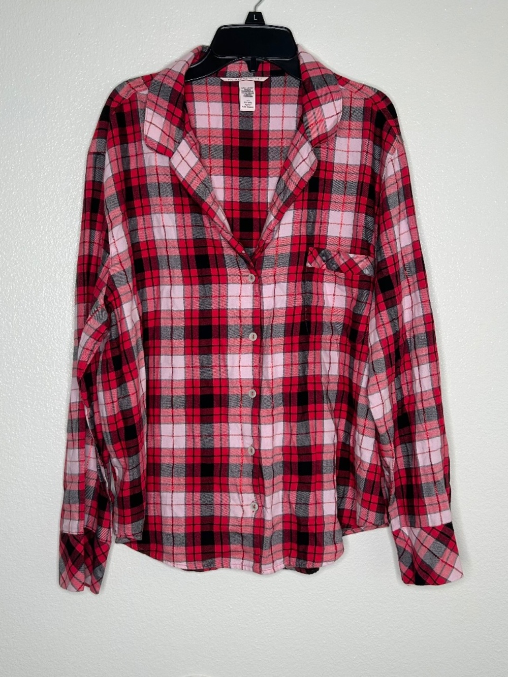 Victorias Secret Womens Red Plaid Button-Up Pajama Top Flannel Lounge Size L EUC